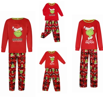 Коледен комплект за нощно бельо за родители и деца, гащеризон, есенни блузи и панталони от полиестер червен цвят в клетка с дълъг ръкав и набивным модел