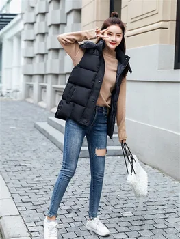 2023 Нов пуховый памук жилетка, дамска есенно-зимна къса жилетка без ръкави, корейската версия, подвижни блузи с качулка, жилетка