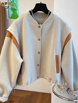 Корейската мода Поло с однобортным деколте и джоб, бейзболна форма с завязками в стил мозайка, блузи, пролетно дамско спортно яке за почивка, палто
