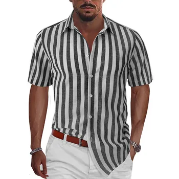Лятна риза мъжка плажна раирана риза с къс ръкав хавайска риза