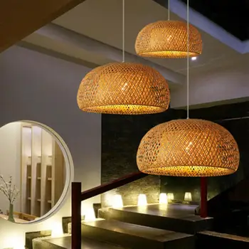 Окачен лампа в стил ретро, прахоустойчив дизайн с дупки, Естествен декоративен, без мирис, бамбуков калъф за полилеи ръчно изработени за дома