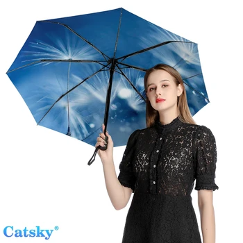 Цветя от глухарче, Напълно автоматично трикуспидалната чадър с черно покритие, слънцезащитен чадър от виолетови, женски чадър от дъжд