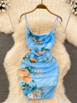 Foamlina Сексуално сетчатое дебнещ мини рокля с флорални принтом женски елегантна лятна рокля на спагети презрамки и без ръкави с висока еластичност 2023