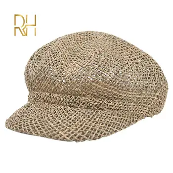 Нова Мода Панама, сламена шапка от морски водорасли, барети, однотонная дамски солнцезащитная шапка с козирка, пролетно-лятна шапка, дамски осмоъгълна шапчица