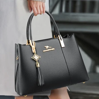 Висококачествена дамска кожена чанта с голям размер, лесна темпераментен чанта с пискюли, дамски луксозна чанта-тоут през рамо