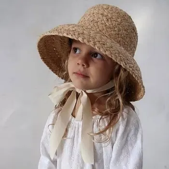 Детски слънчеви шапки ръчна изработка, лятна плажна шапка за момичета, пътна шапка-козирка, панама от естествена лико, скъпа шапка-кофа, подарък за деца