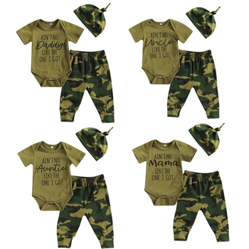 FOCUSNORM/ Комплекти дрехи за новородени момчета 0-18 м, камуфляжный гащеризон с къс ръкав и писмото принтом, Блузи, Панталони, Шапки