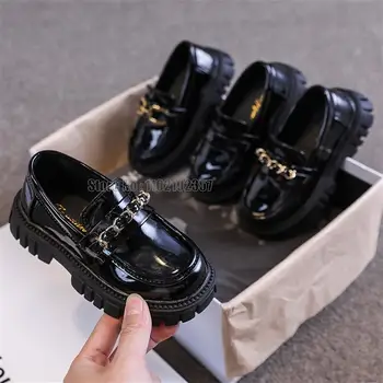 Пролетни черни лоферы принцеса за малки момчета, училищни метална детски модни и ежедневни обувки от скъпа кожа, лъскава детска