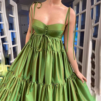 Лятото женствена рокля, зелена атласное рокля-бюстие трапецовидна форма, елегантна вечерна рокля на бретелях-спагети с ниско деколте и накъдрен, вечерна рокля големи размери за партита