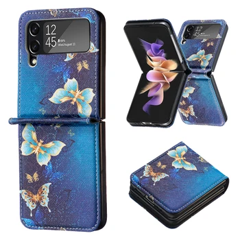 Луксозен магнитен калъф-поставка за Samsung Galaxy Z Flip 4 Flip 3, скоба със златна пеперуда, кожен калъф на допир