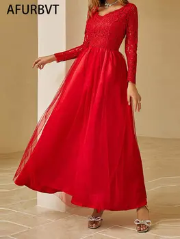 Дамско елегантно лятно червено дантелено рокля на Феста, висококачествено дълго един коктейл рокля за парти, женски винтажное дизайнерско рокля трапецовидна форма