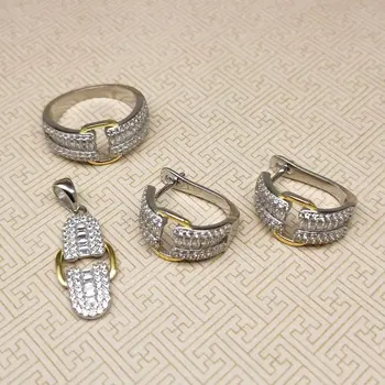 Сребро S925 проби, европейската и американската мода, бижута с диаманти, комплект от три елемента, обикновено оцветени дамски обеци, медальон, пръстен