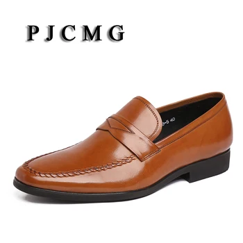 PJCMG/модни черни/кафяви мъжки лоферы на равна подметка, мъжки модела обувки от естествена кожа без обков с остри пръсти, ежедневни обувки за сватбени партита