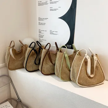 Лятна чанта-тоут, дамски модни слама дизайнерска чанта през рамо, ежедневни универсална тканая чанта с голям капацитет, новост 2023 година плажна чанта