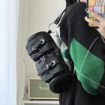 Реколта черни чанти, дамски аксесоари Y2k, инди-козметична дизайнерска чанта E-girl началото на 2000-те, корейската модерна чанта през рамо