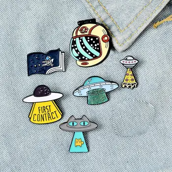 Необичайни Фантазийные эмалевые игли, Изработени по поръчка Брошки с изображение на котка-астронавти, книги, Игли за чанти, Щифтове за ревери дрехи, Значки с космическа Вселена, детски бижута