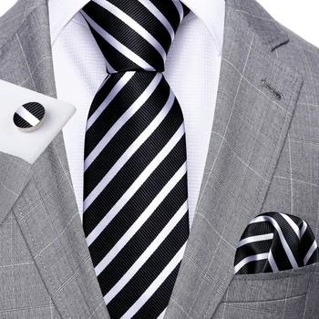 Модерен Мъжки вратовръзка в черно-бяла ивица, коприна жакард вратовръзки, Сватбен бизнес кърпичка, родословни обици, Набор от сливане на Бари.Уанг FA-5292