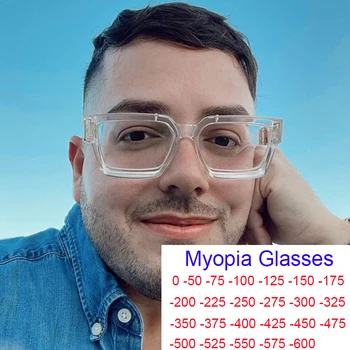 Прозрачни рамки, големи квадратни мъжки коригиращи очила, Нови модни луксозни маркови големи прозрачни очила за късогледство рецепта -1,75