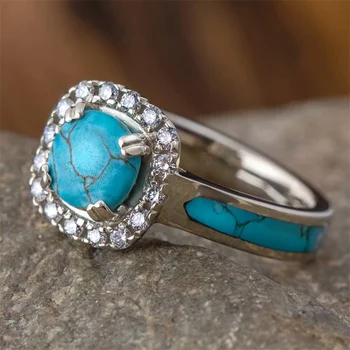 Модни реколта сребърни квадратни пръстени за жени с модни метална инкрустация от син камък Сватбени декорации за годеж