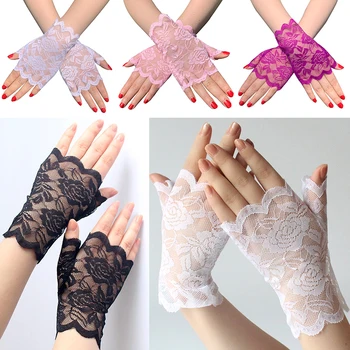 1 чифт женски дантелен ръкавици, Модни дантелени ръкавици за булката, Слънчеви къси Ръкавици, Велосипедни Ръкавици без пръсти, Ръкавици, Аксесоари