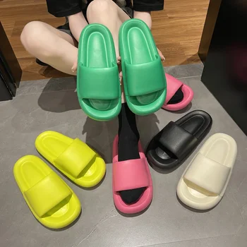 Дамски чехли с хляб 2022, летните чехли на платформа с отворени пръсти, нескользящие обикновена чехли с мека и дебела подметка, сладък дамски обувки на плоска подметка