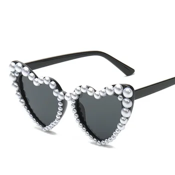 Ретро Слънчеви Очила с Форма на Сърце С Перлената Рамки, Дамски Модни Розови Очила, Трендови Мъжки Слънчеви Очила 