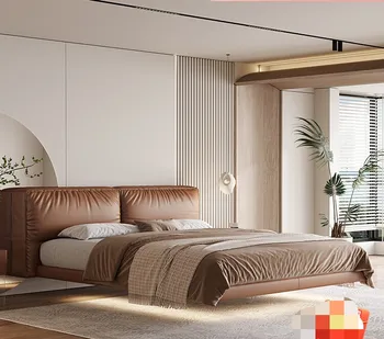 Подвесная легло от естествена кожа, модерна проста двойно легло в основната спалня, подвесная легло в кремовом стил за малко семейство