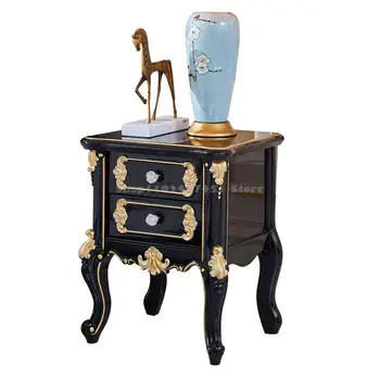 Европейската шкафче за спалня, Аристократично лукс, френски скрин от масивно дърво, Малък шкаф от черно дърво с дърворезби под злато, нощно шкафче