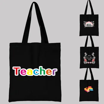 Ежедневни холщовая чанта през рамо с чертеж на учителите от карикатура, дамска черна чанта за пазаруване, множество чанта-тоут голям капацитет