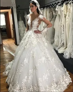 2023 Елегантни сватбени рокли принцеса За булка, Прозрачно фолио, Апликация на шията, Дантелени Сватбени Рокли с дълги ръкави, Vestido